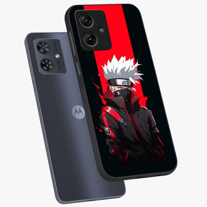 Kakashi Scarlet Shadow Glass Case displayed in angled mockup highlighting dramatic ninja illustration with scarlet themed aesthetic.