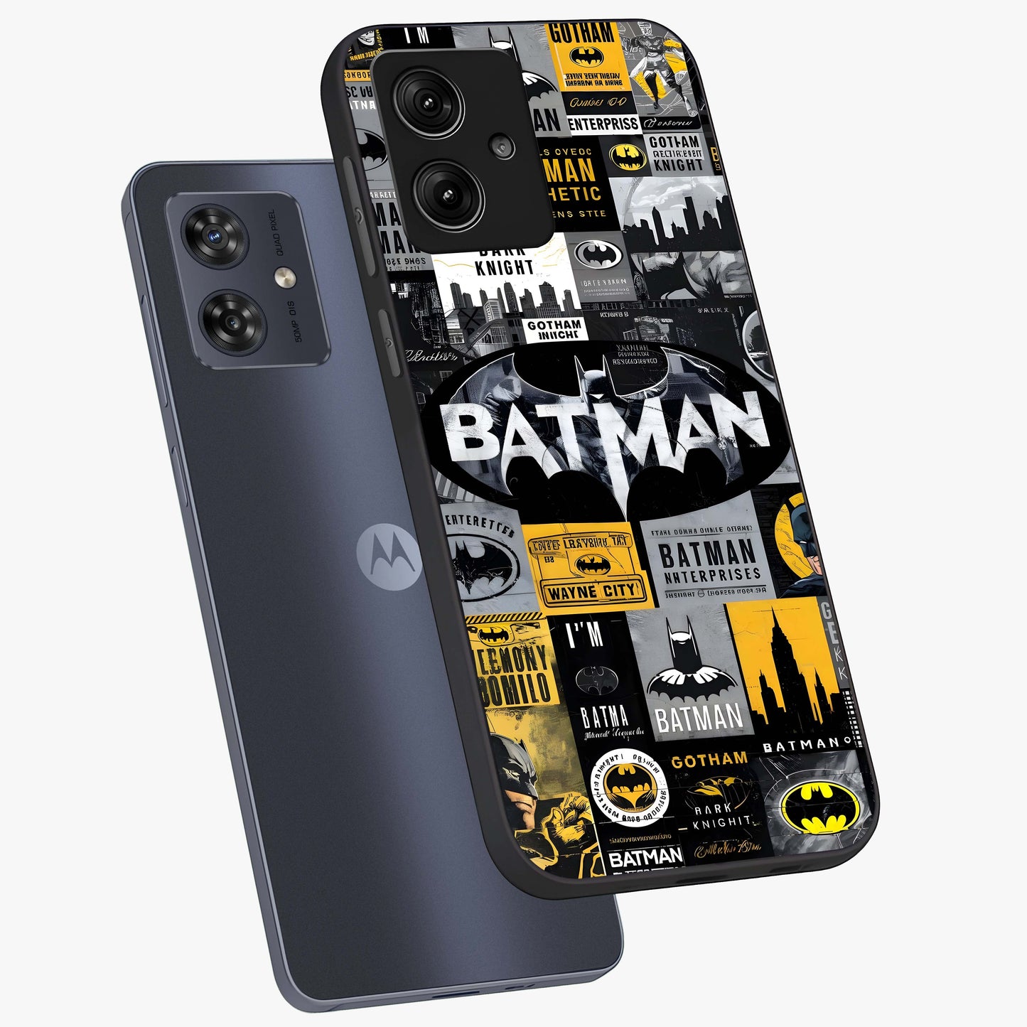 Knight Gotham Rise Glass Case displayed in angled mockup highlighting powerful knight silhouette design with dramatic aesthetic.