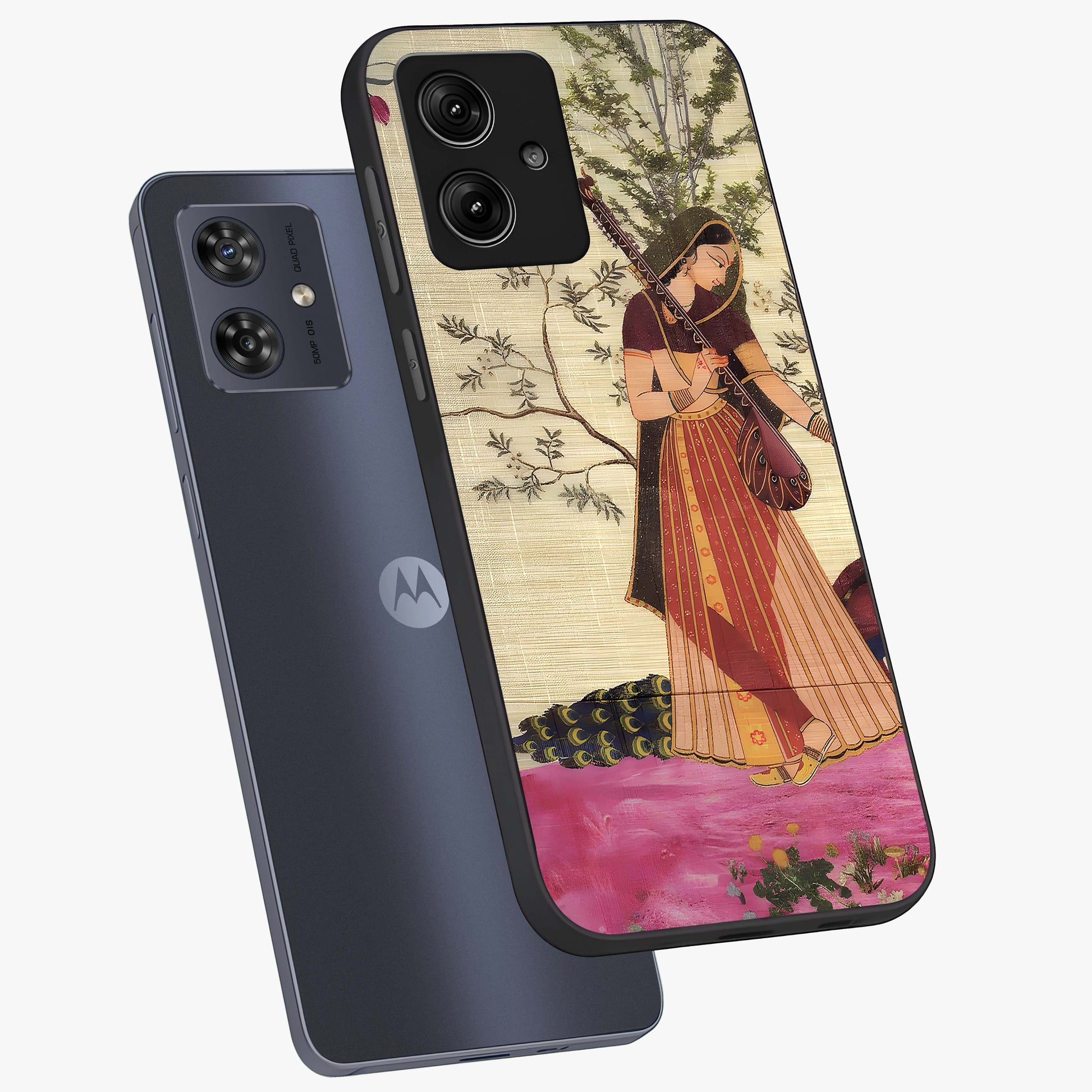 Lady With Veena Art Glass Case displayed in angled mockup highlighting graceful musical illustration with cultural artistic aesthetic.