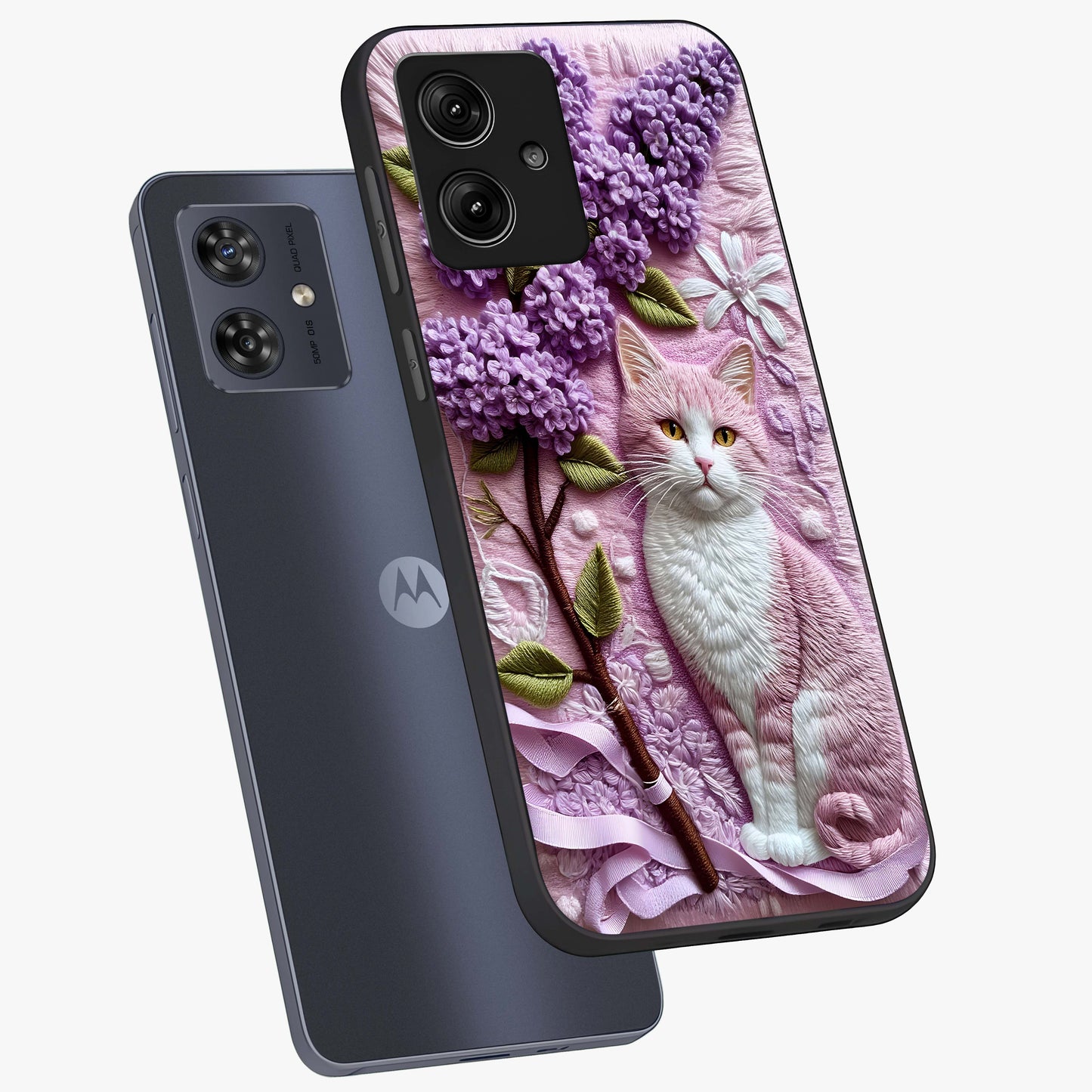 Lavender Cat Whimsy Glass Case displayed in angled mockup highlighting playful feline illustration with pastel lavender aesthetic.