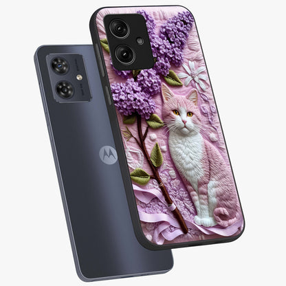 Lavender Cat Whimsy Glass Case displayed in angled mockup highlighting playful feline illustration with pastel lavender aesthetic.