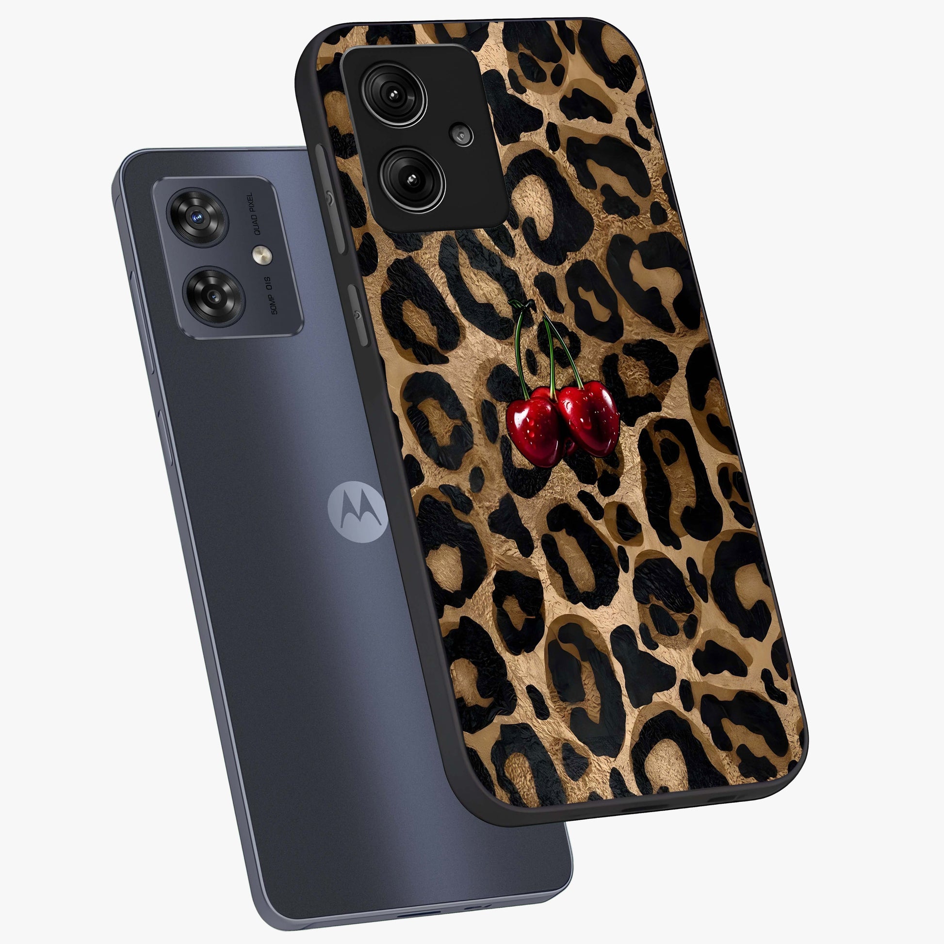 Leopard Wild Cherry Glass Case displayed in angled mockup highlighting bold animal print design with playful cherry aesthetic.