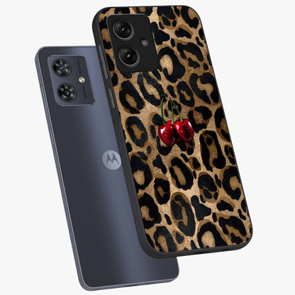 Leopard Wild Cherry Glass Case displayed in angled mockup highlighting bold animal print design with playful cherry aesthetic.