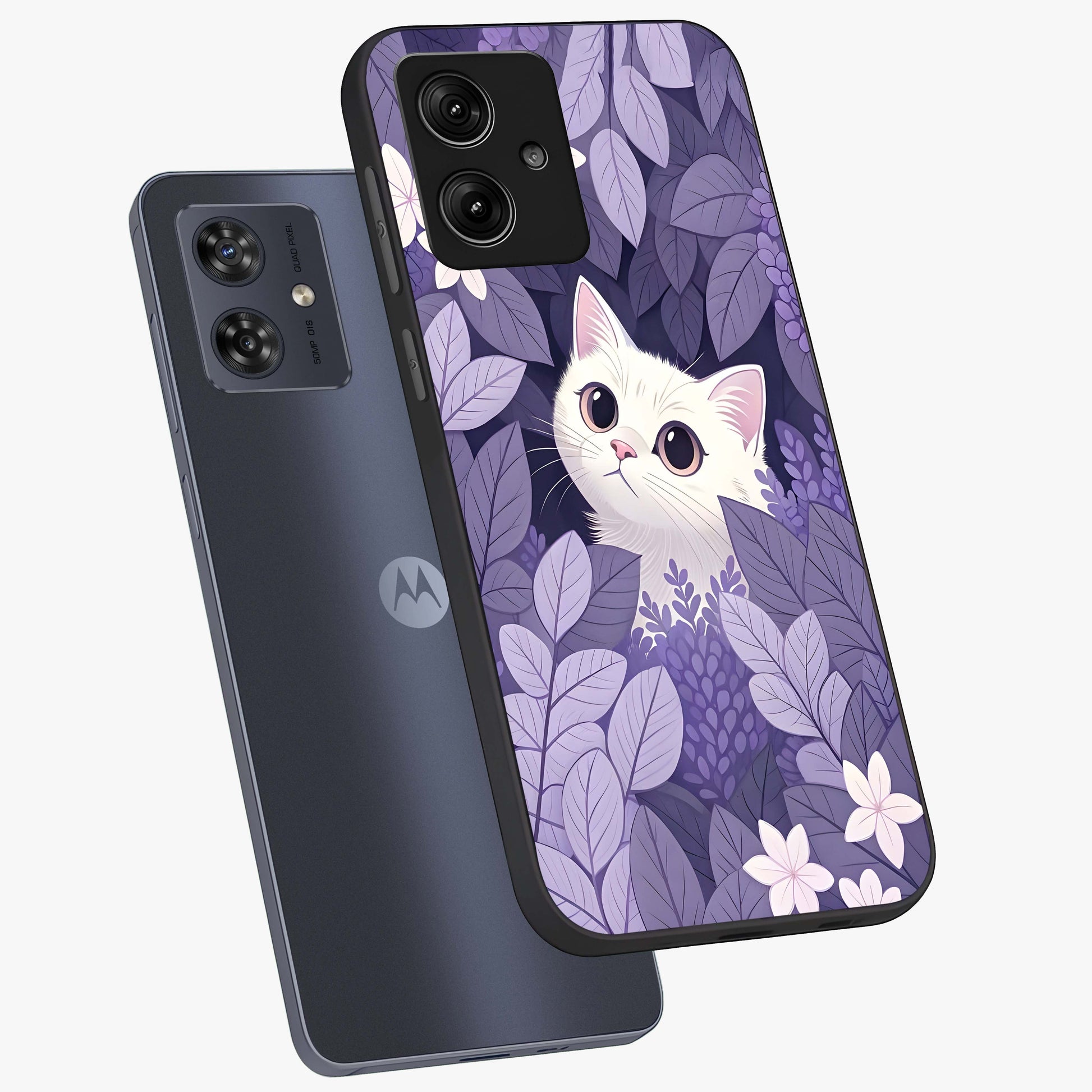 Lilac Hide Peek Cat Glass Case displayed in angled mockup highlighting playful feline illustration with lilac aesthetic design.
