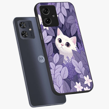 Lilac Hide Peek Cat Glass Case displayed in angled mockup highlighting playful feline illustration with lilac aesthetic design.