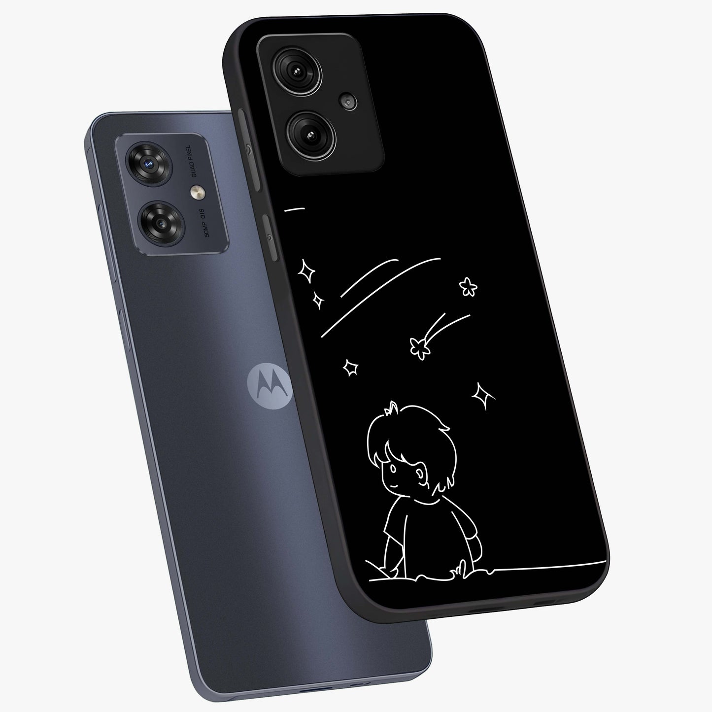 Line Art Boy With Shooting Stars Glass Case displayed in angled mockup highlighting elegant line art design with dreamy star aesthetic.