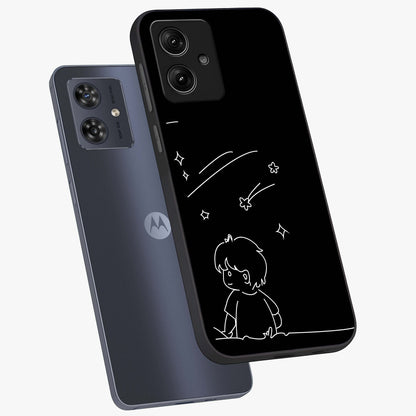 Line Art Boy With Shooting Stars Glass Case displayed in angled mockup highlighting elegant line art design with dreamy star aesthetic.