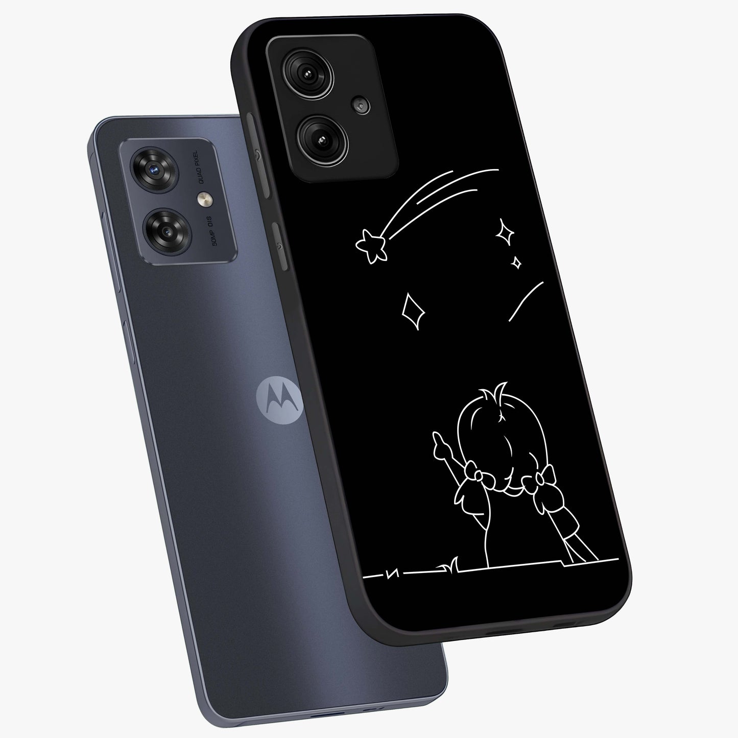 Line Art Girl With Shooting Stars Glass Case displayed in angled mockup highlighting elegant line art design with dreamy star aesthetic.