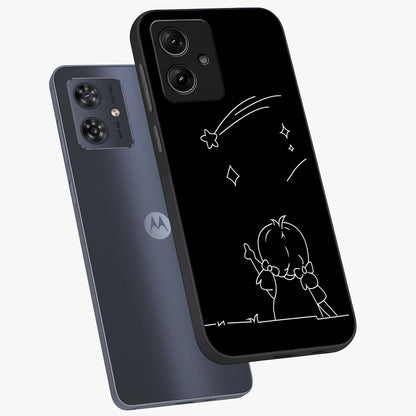 Line Art Girl With Shooting Stars Glass Case displayed in angled mockup highlighting elegant line art design with dreamy star aesthetic.