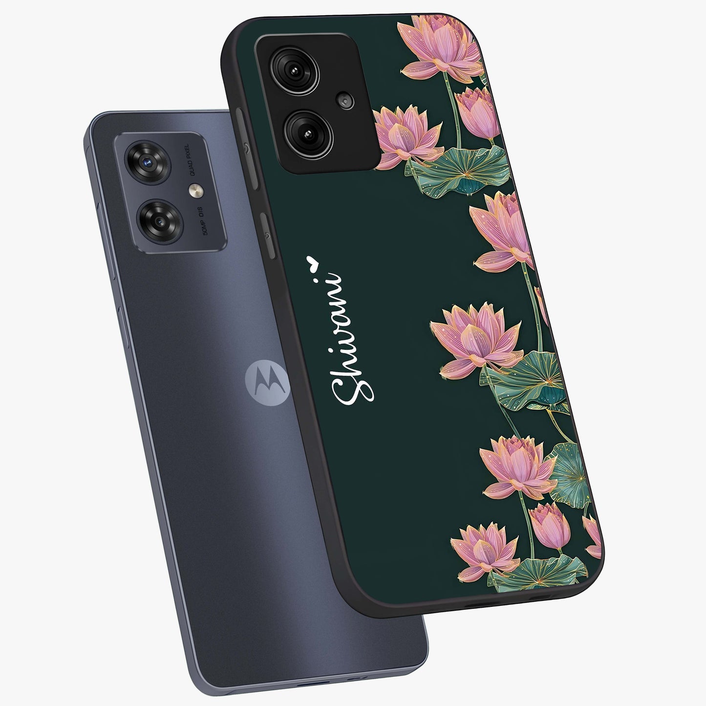 Lotus Bloom Serenity Custom Name Glass Case displayed in angled mockup highlighting graceful lotus illustration with custom name feature.