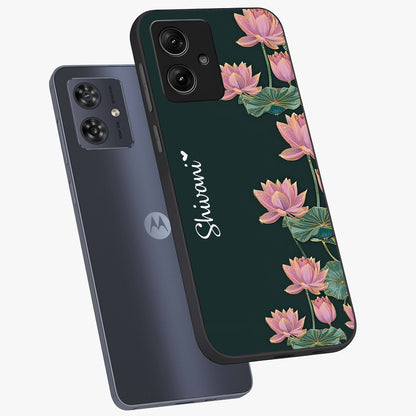 Lotus Bloom Serenity Custom Name Glass Case displayed in angled mockup highlighting graceful lotus illustration with custom name feature.