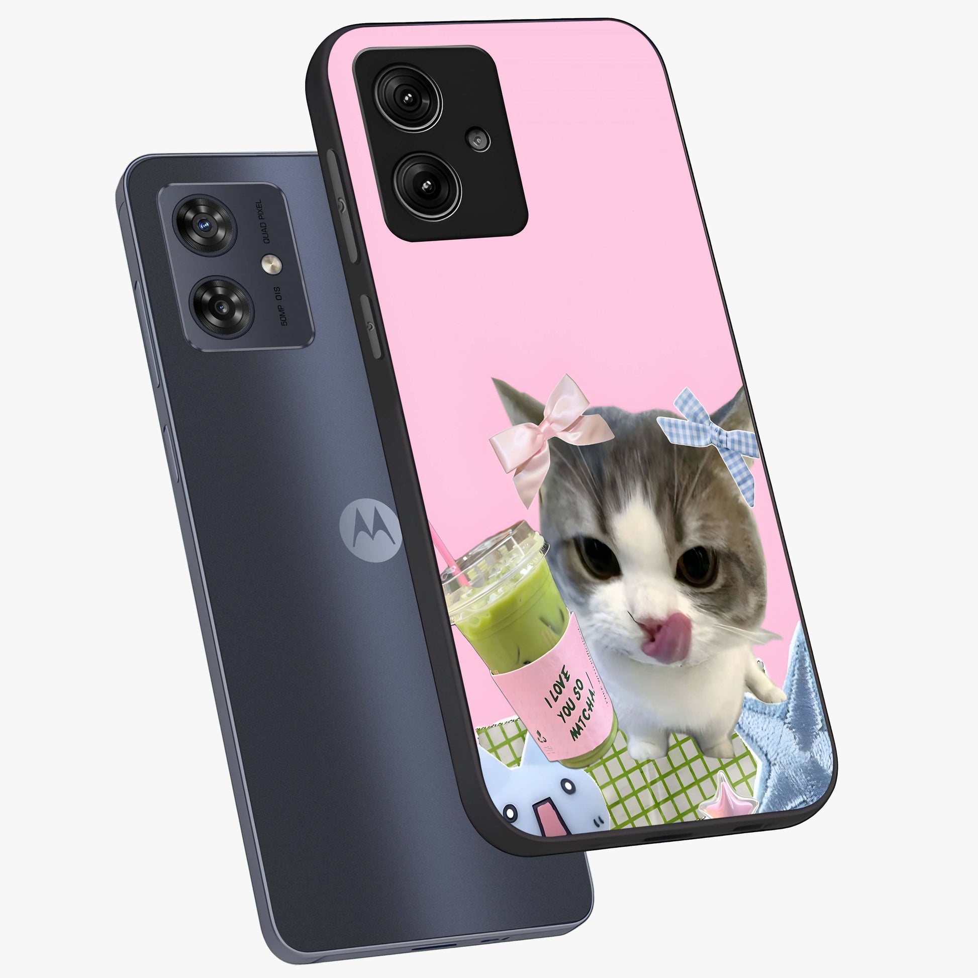 Love Matcha Cat Glass Case displayed in angled mockup highlighting playful feline illustration with cozy matcha aesthetic.