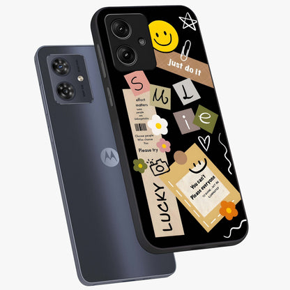 Lucky Aesthetic Collage Glass Case displayed in angled mockup highlighting stylish collage pattern with modern aesthetic vibe.