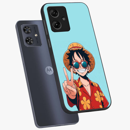 Luffy Summer Anime Vibe Glass Case displayed in angled mockup highlighting energetic anime illustration with summer vibe aesthetic.