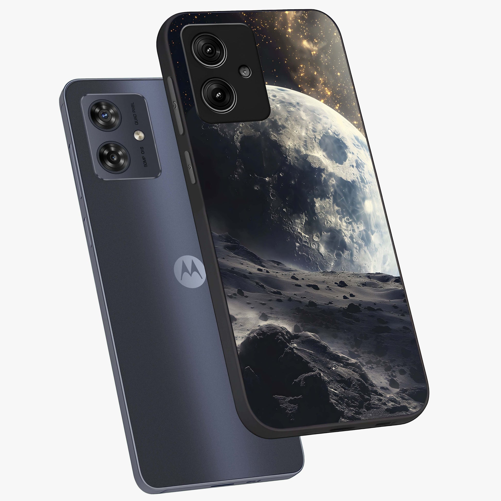Lunar Horizon Glow Glass Case displayed in angled mockup highlighting celestial moon design with dreamy night aesthetic.
