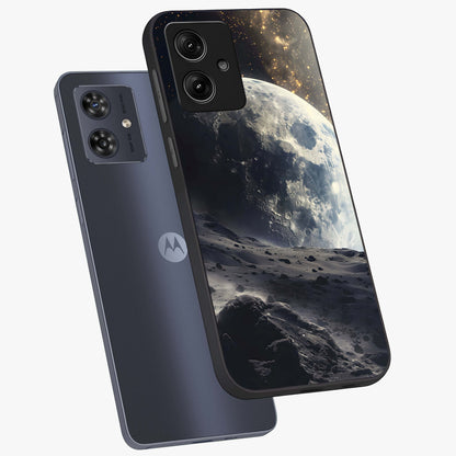 Lunar Horizon Glow Glass Case displayed in angled mockup highlighting celestial moon design with dreamy night aesthetic.