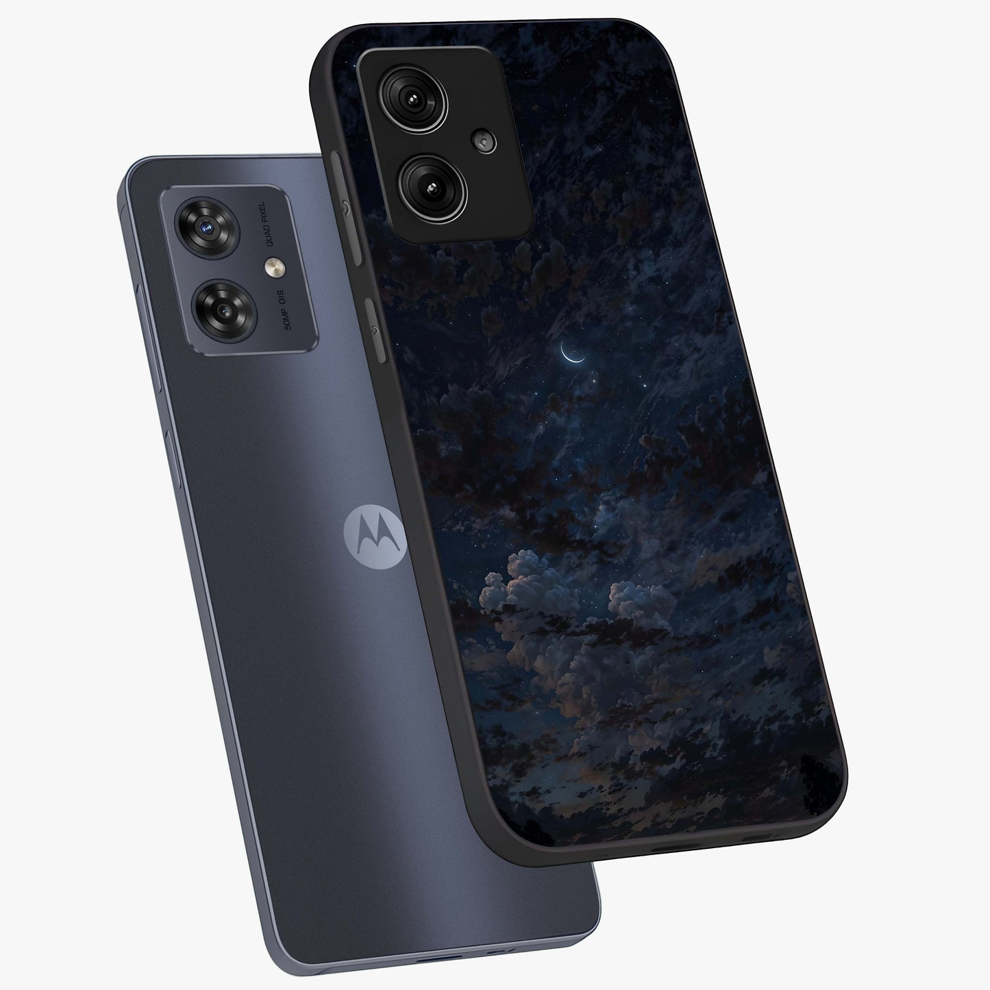 Lunar Veil Silence Glass Case displayed in angled mockup highlighting soft lunar design with peaceful celestial aesthetic.