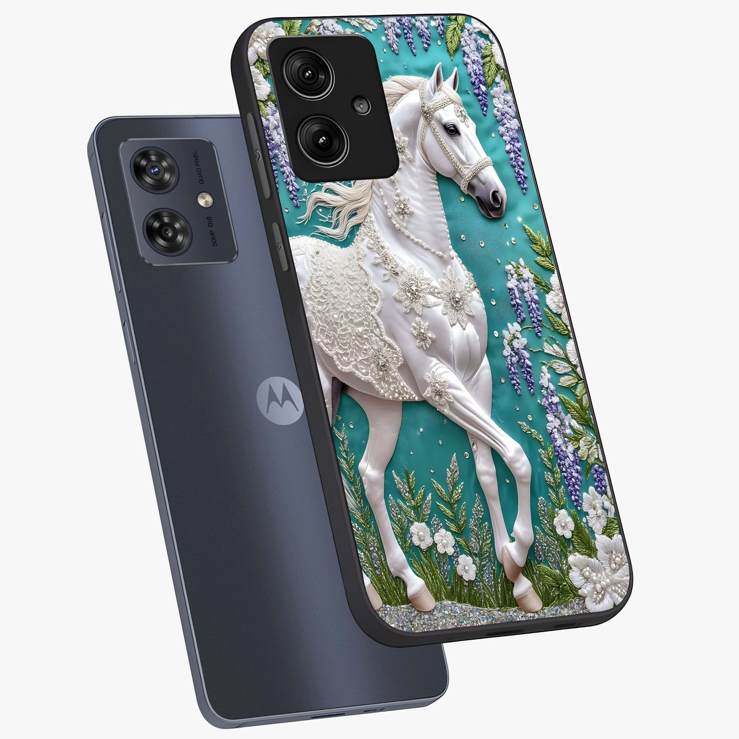 Majestic Floral Stallion Glass Case displayed in angled mockup highlighting majestic stallion illustration with elegant floral aesthetic.