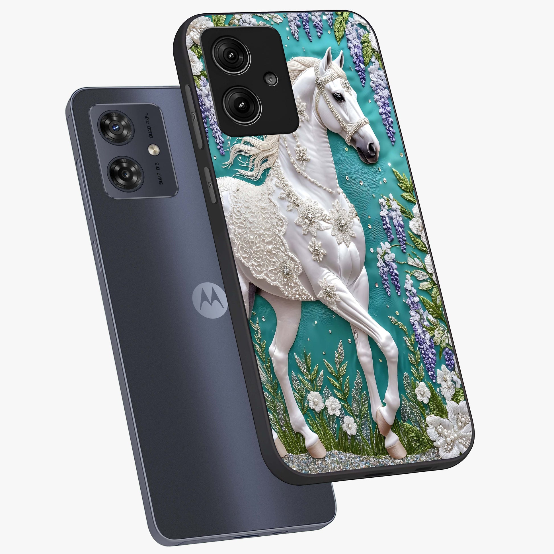 Majestic Floral Stallion Glass Case displayed in angled mockup highlighting majestic stallion illustration with elegant floral aesthetic.