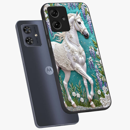 Majestic Floral Stallion Glass Case displayed in angled mockup highlighting majestic stallion illustration with elegant floral aesthetic.
