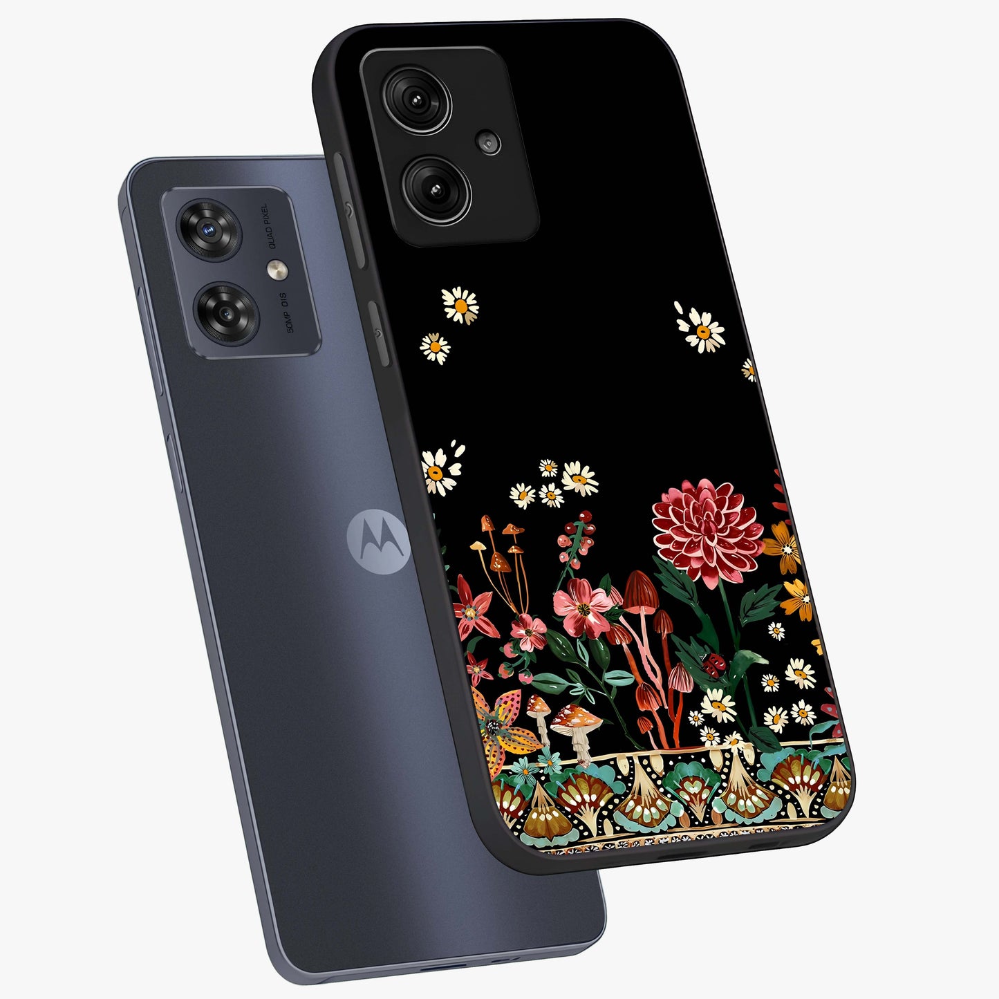 Midnight Bloom Pattern Glass Case displayed in angled mockup highlighting elegant flower design with midnight aesthetic style.
