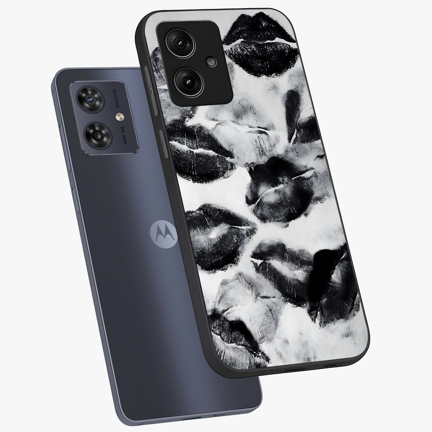 Midnight Kiss Marks Glass Case displayed in angled mockup highlighting playful romantic design with bold midnight aesthetic.
