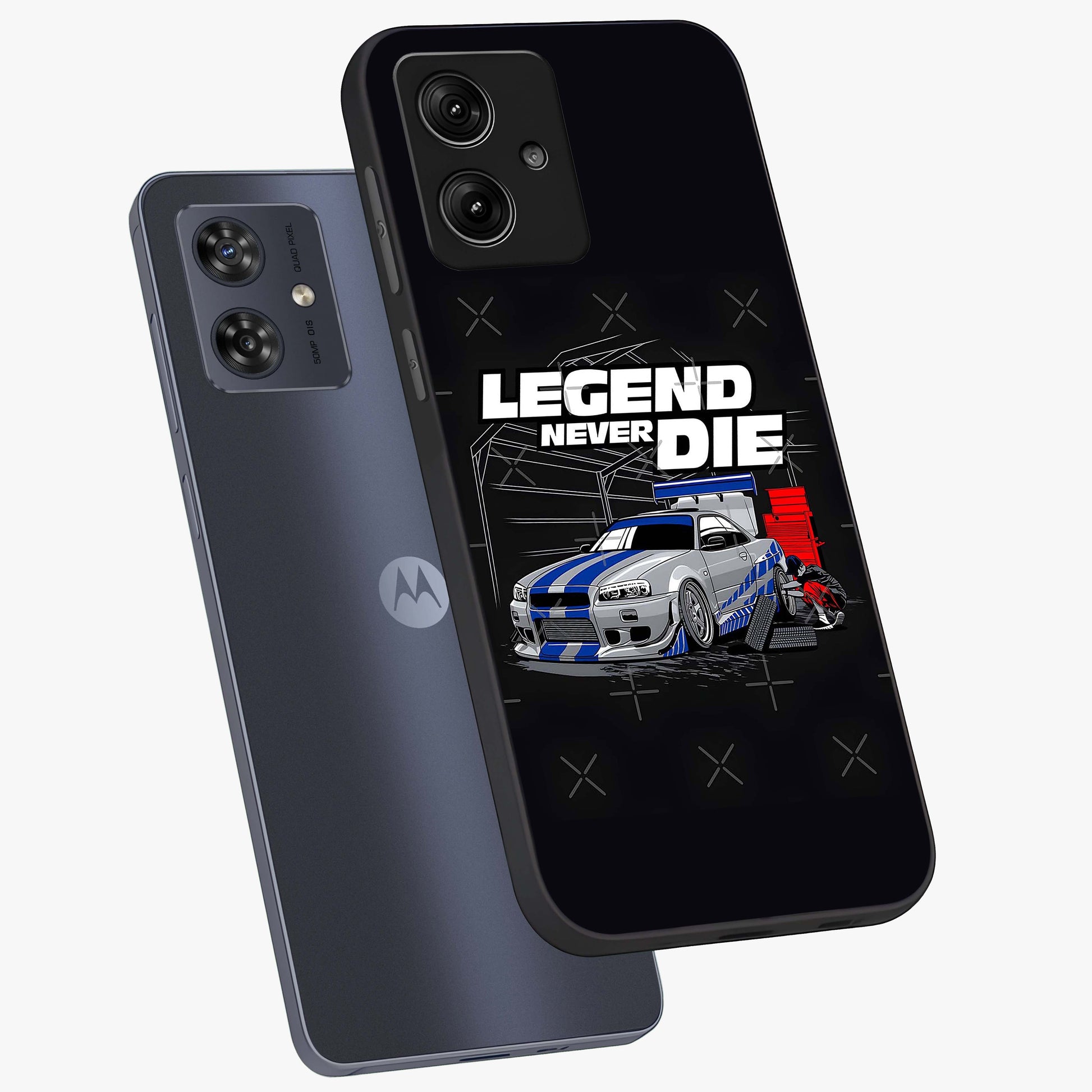 Midnight Racing Legacy Glass Case displayed in angled mockup highlighting dynamic automotive design with bold midnight aesthetic.