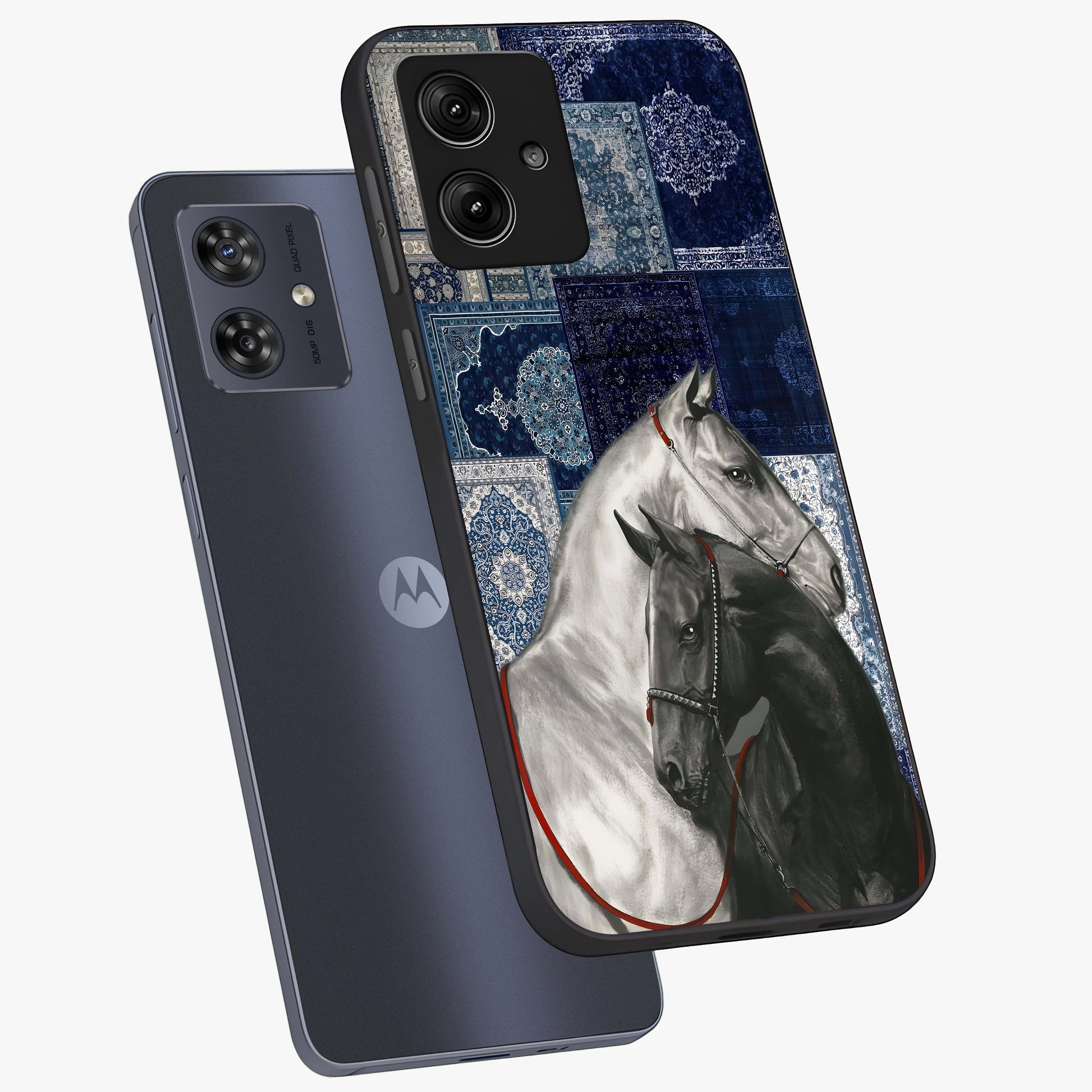 Midnight Stallion Blues Glass Case displayed in angled mockup highlighting powerful stallion illustration with deep midnight tones.