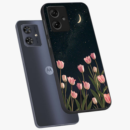 Midnight Tulip Whispers Vibe Glass Case displayed in angled mockup highlighting delicate tulip design with midnight floral aesthetic.