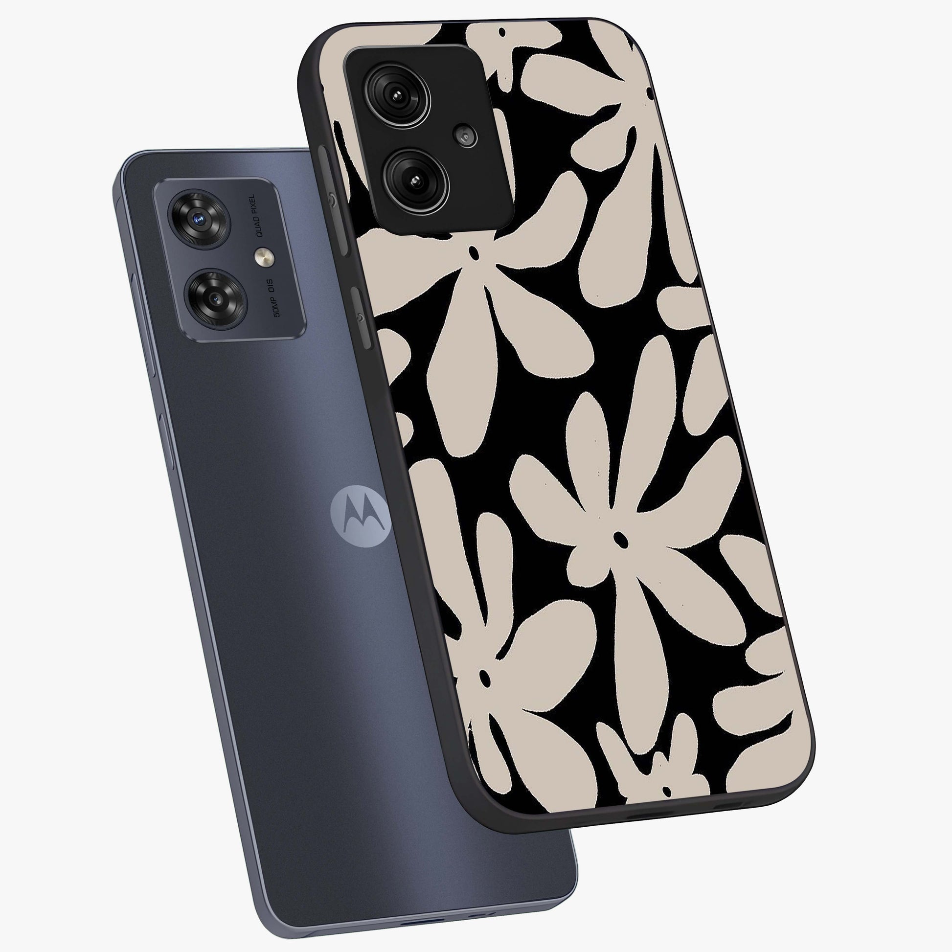 Monochrome Petal Dance Glass Case displayed in angled mockup highlighting elegant petal design with black and white aesthetic.