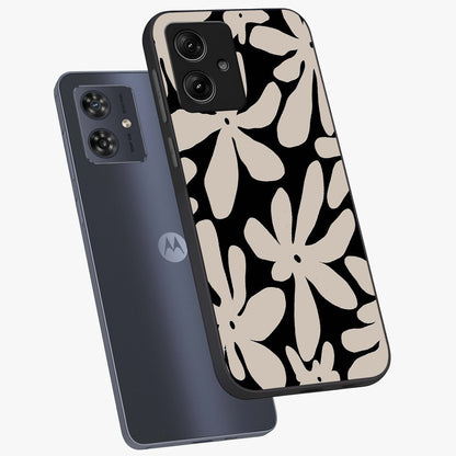 Monochrome Petal Dance Glass Case displayed in angled mockup highlighting elegant petal design with black and white aesthetic.