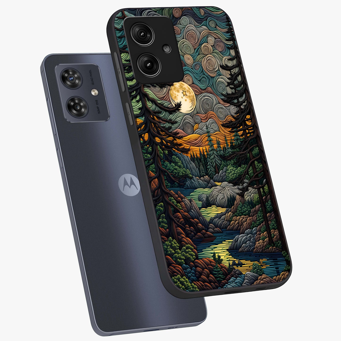 Moonlight Forest Dream Glass Case displayed in angled mockup highlighting dreamy forest design with glowing moon aesthetic.