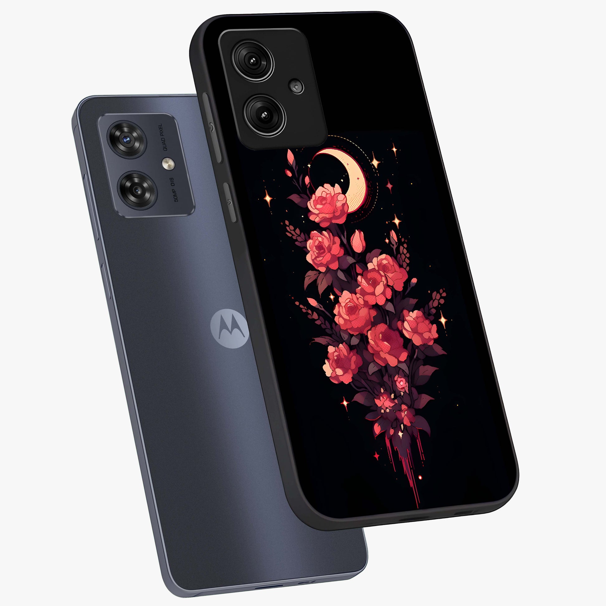 Moonlit Floral Elegance Glass Case displayed in angled mockup highlighting graceful flower design with soft moonlight aesthetic.
