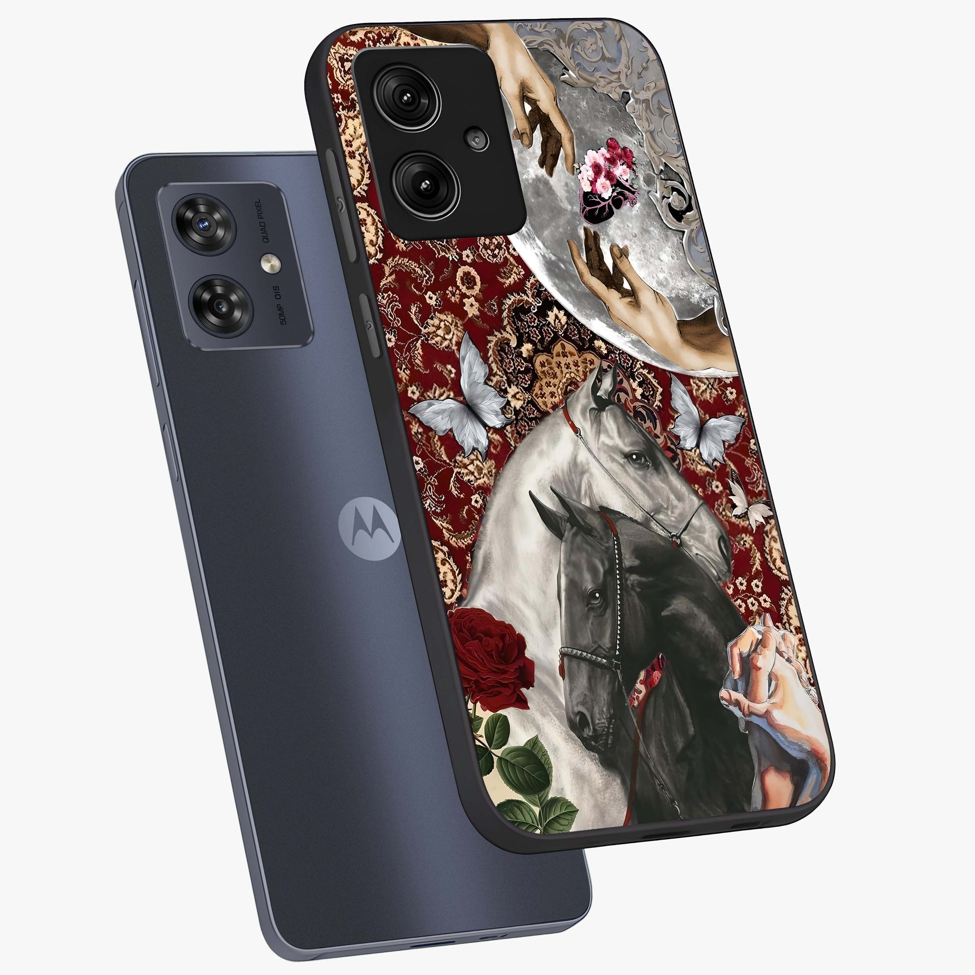 Moonlit Royal Stallion Glass Case displayed in angled mockup highlighting powerful stallion illustration with royal night aesthetic.