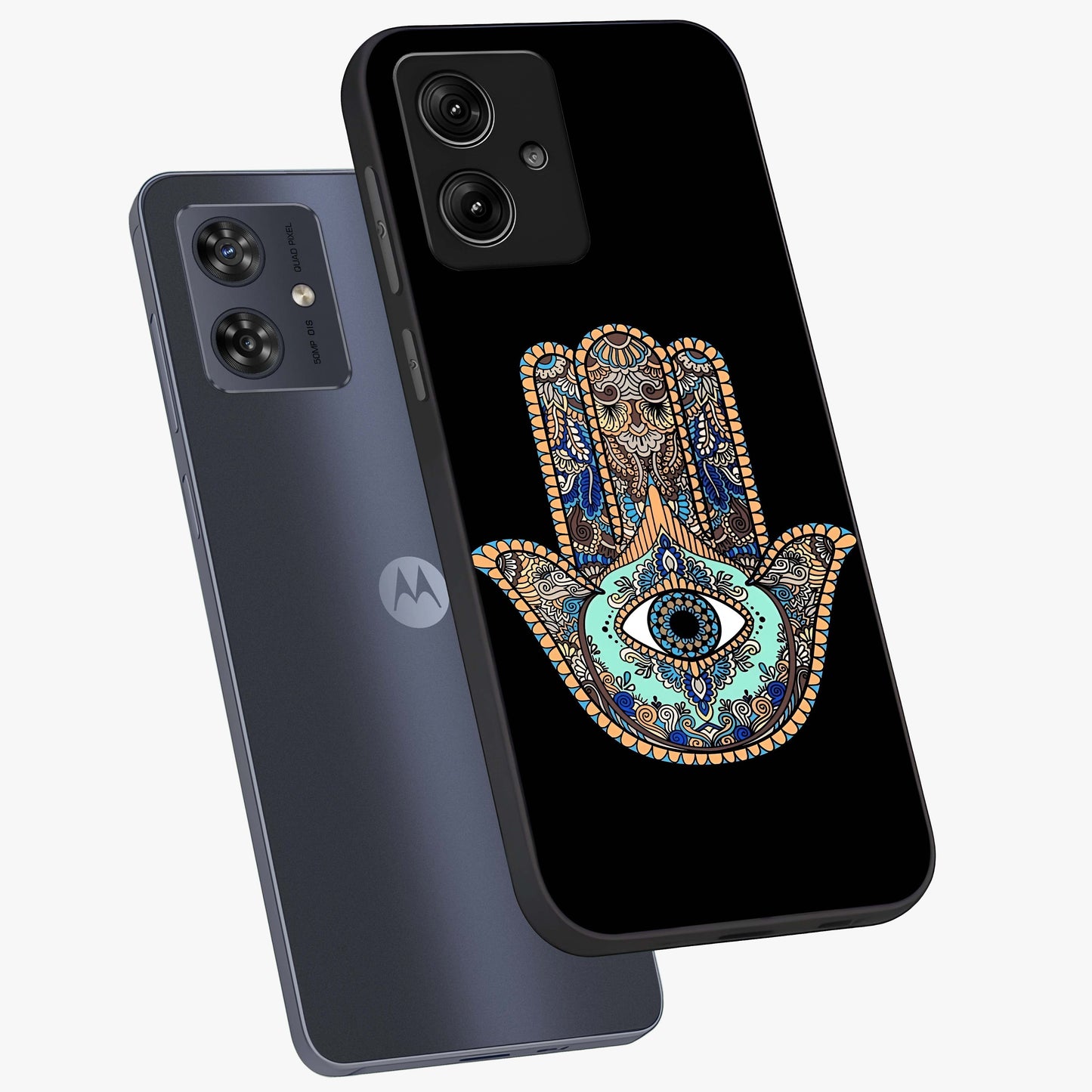 Mystic Hamsa Eye Glass Case displayed in angled mockup highlighting spiritual hamsa symbol with mystical aesthetic style.
