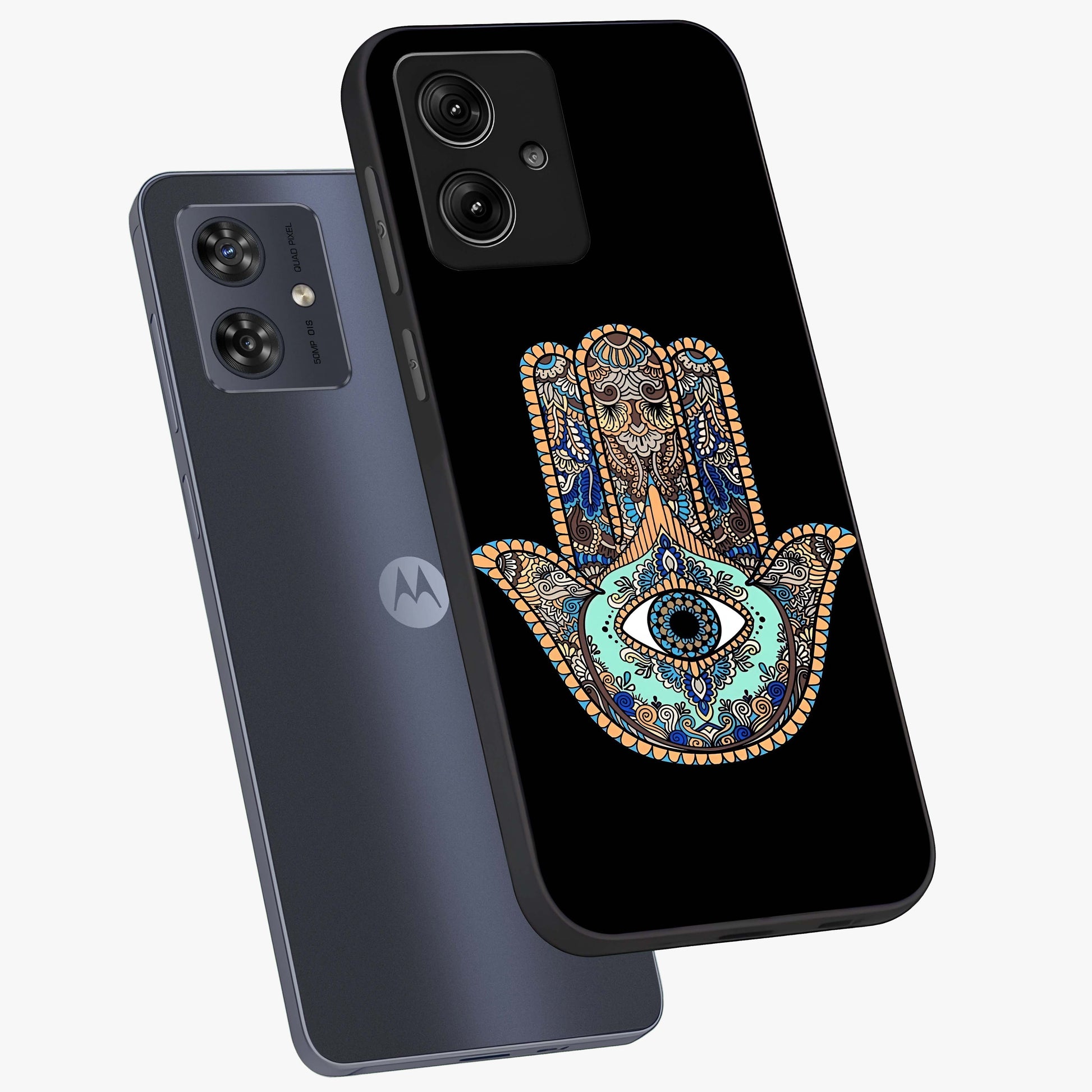 Mystic Hamsa Eye Glass Case displayed in angled mockup highlighting spiritual hamsa symbol with mystical aesthetic style.