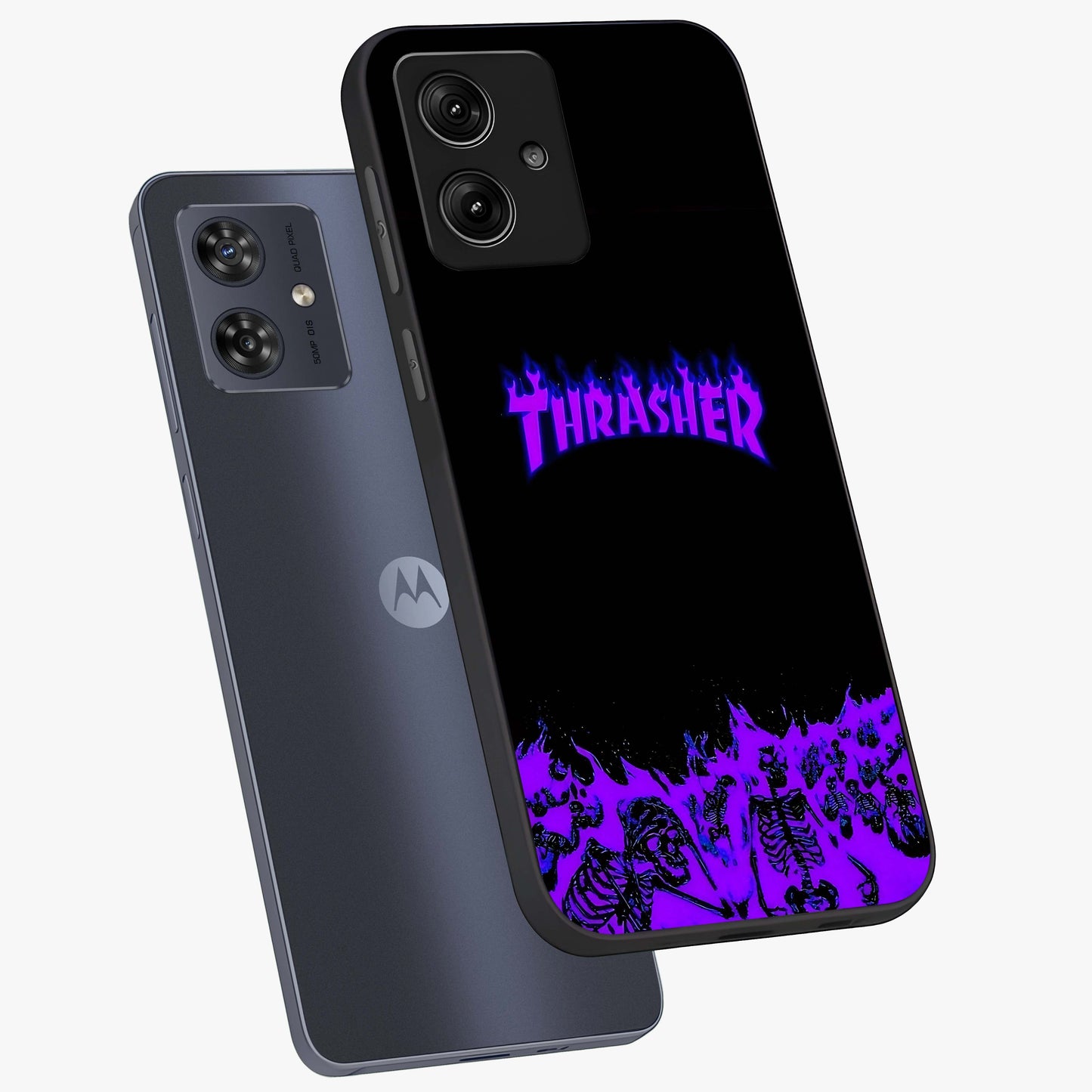 Neon Flame Riot Glass Case displayed in angled mockup highlighting glowing flame design with vibrant neon aesthetic.