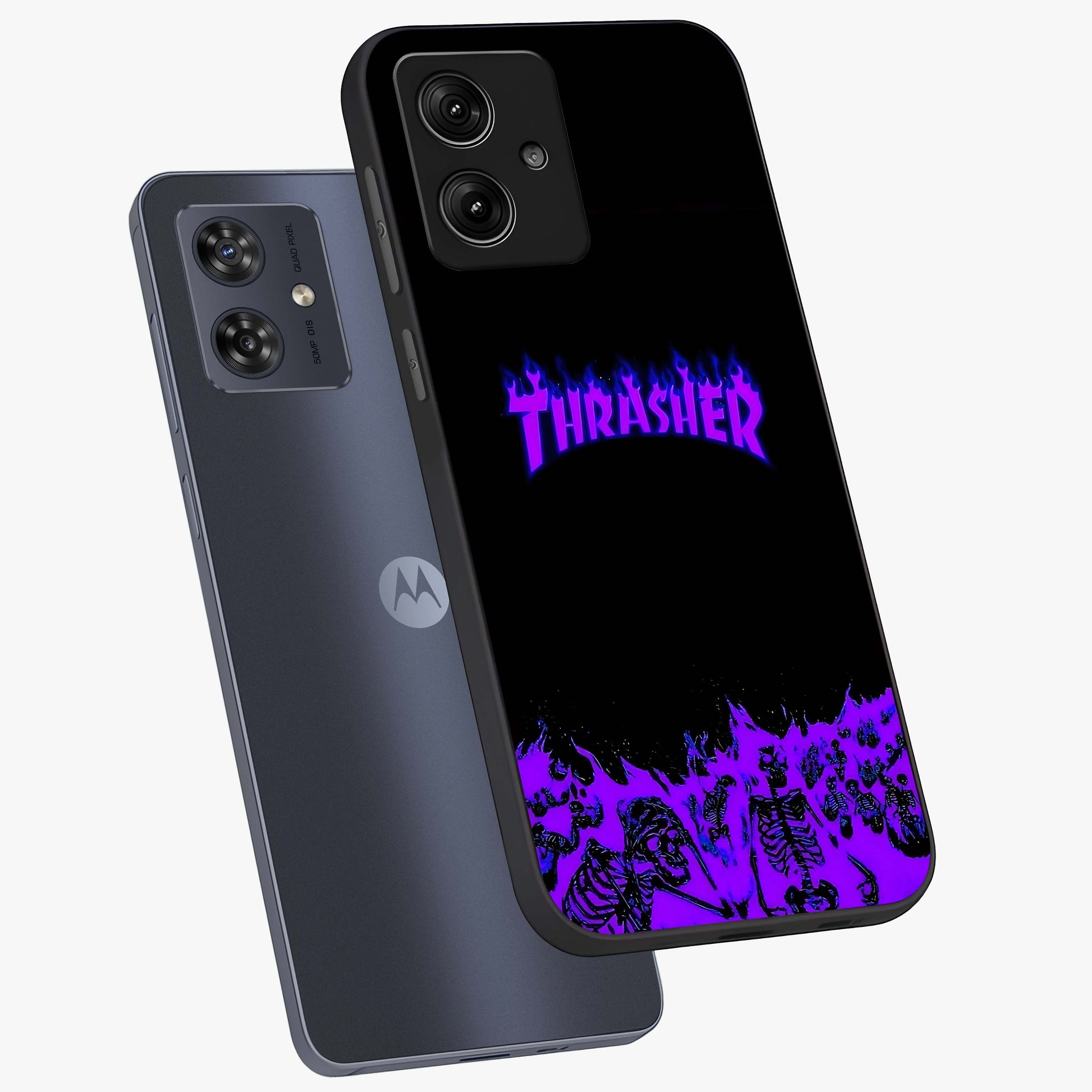 Neon Flame Riot Glass Case displayed in angled mockup highlighting glowing flame design with vibrant neon aesthetic.