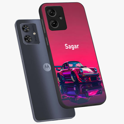 Neon Pink Porsche Glass Case displayed in angled mockup highlighting sleek neon pink car design with racing aesthetic.
