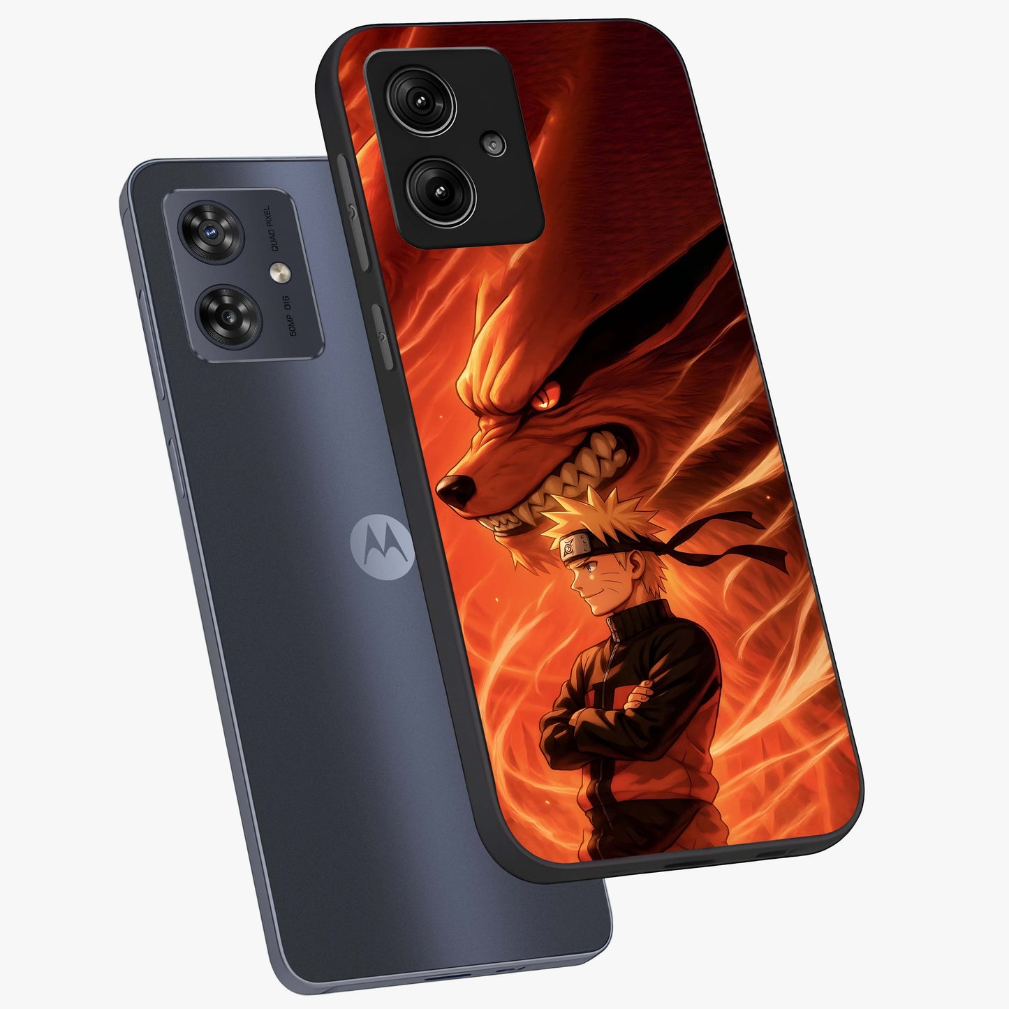 Nine Tails Legacy Glass Case displayed in angled mockup highlighting dynamic anime beast illustration with bold mystical aesthetic.