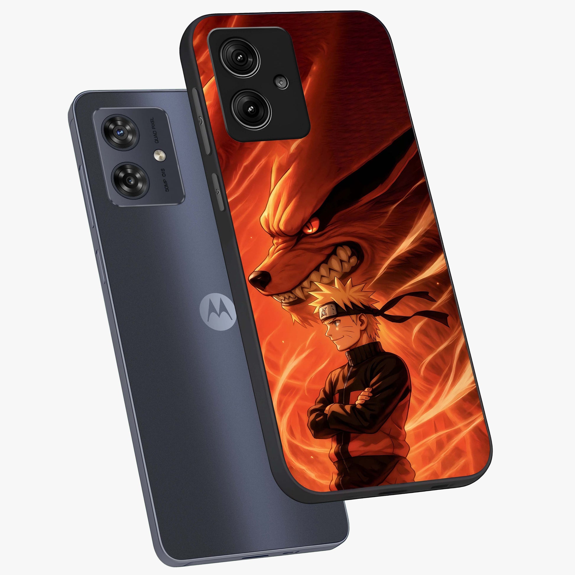Nine Tails Legacy Glass Case displayed in angled mockup highlighting dynamic anime beast illustration with bold mystical aesthetic.