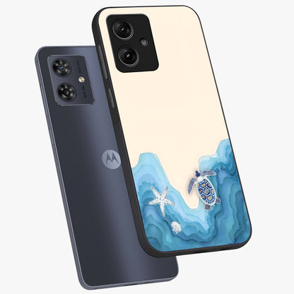 Ocean Drift Turtle Glass Case displayed in angled mockup highlighting peaceful ocean turtle illustration with marine aesthetic.