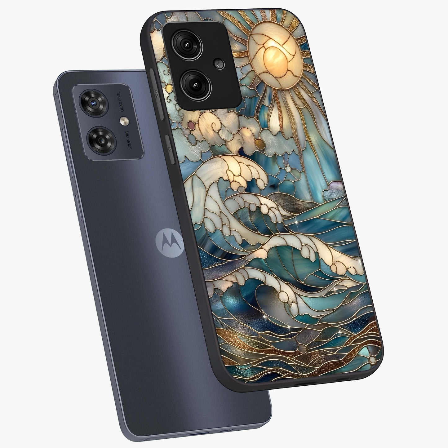 Oceanic Stained Printed Glass Case displayed in angled mockup highlighting colorful aquatic design with artistic aesthetic style.