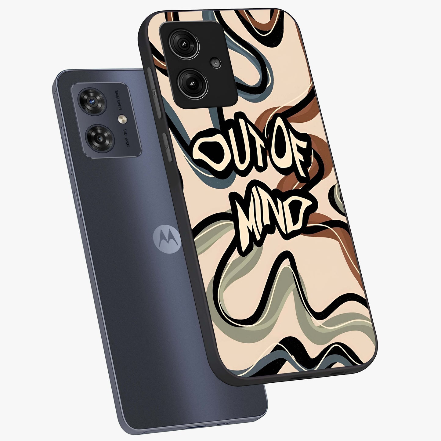 Out Of Mind Glass Case displayed in angled mockup highlighting bold statement design with modern artistic aesthetic.