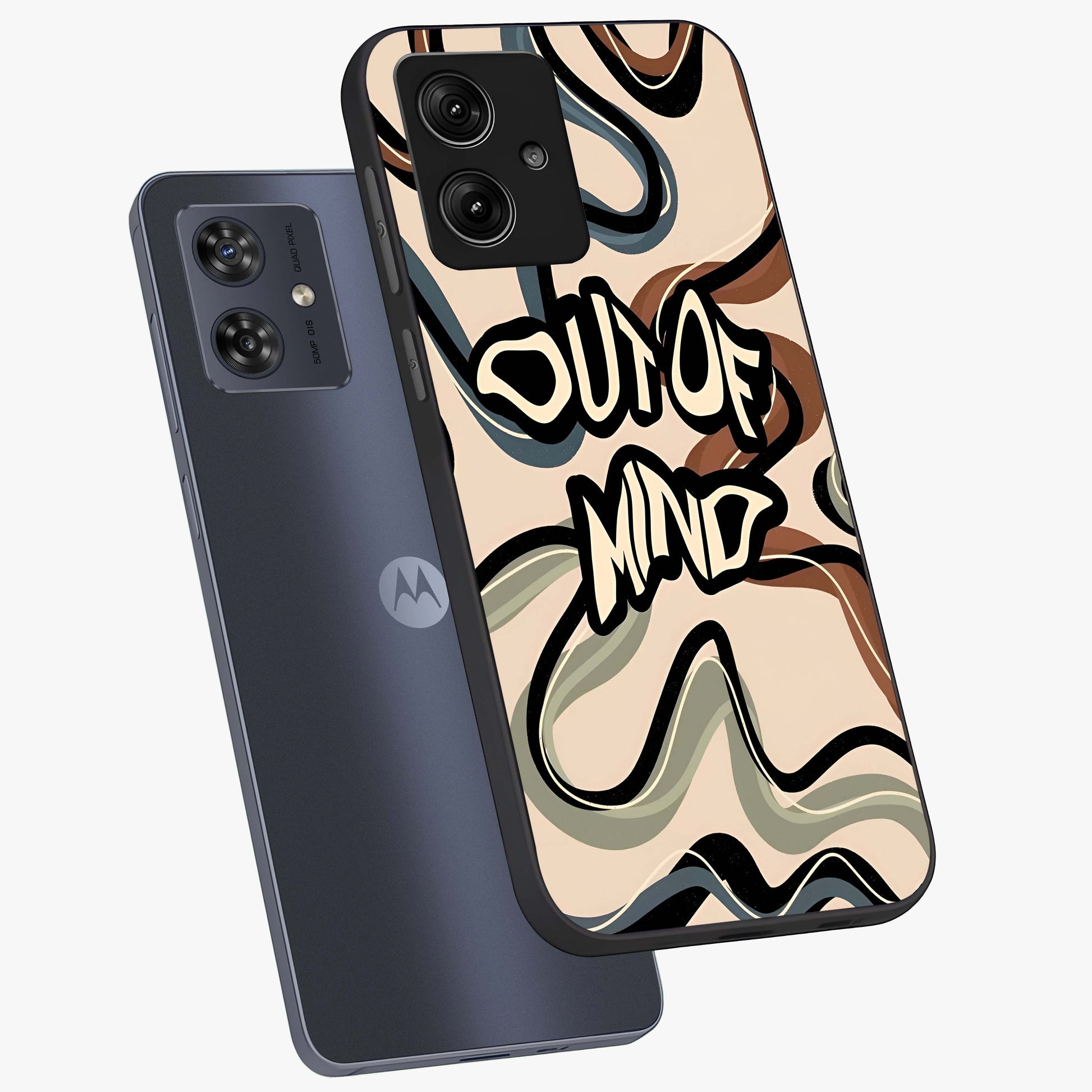 Out Of Mind Glass Case displayed in angled mockup highlighting bold statement design with modern artistic aesthetic.