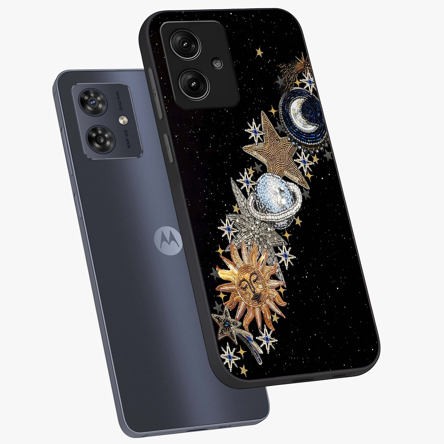 Pearls Universe Object Glass Case displayed in angled mockup highlighting celestial pearl design with dreamy aesthetic.