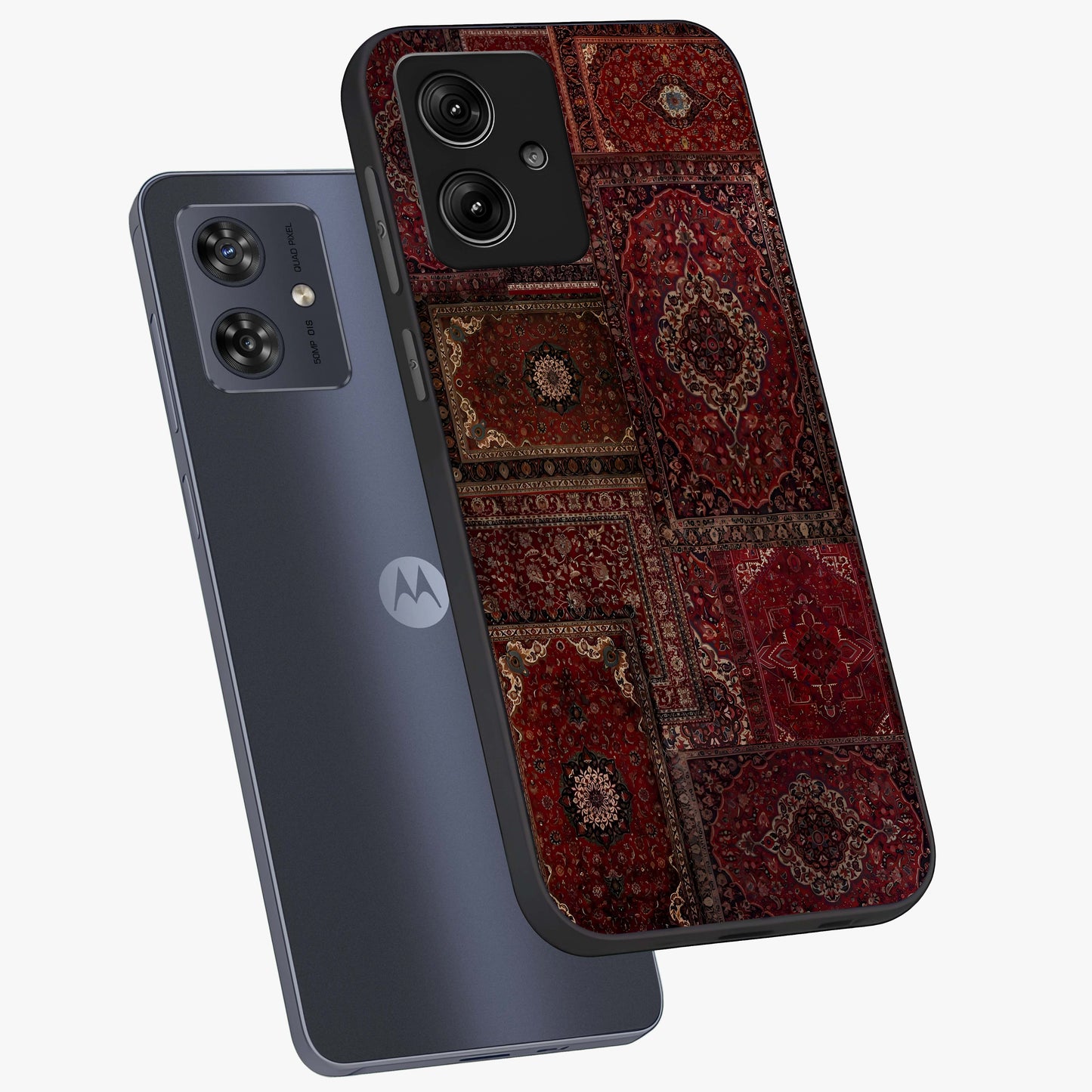 Persian Velvet Tale Glass Case displayed in angled mockup highlighting ornate textile inspired design with royal aesthetic.