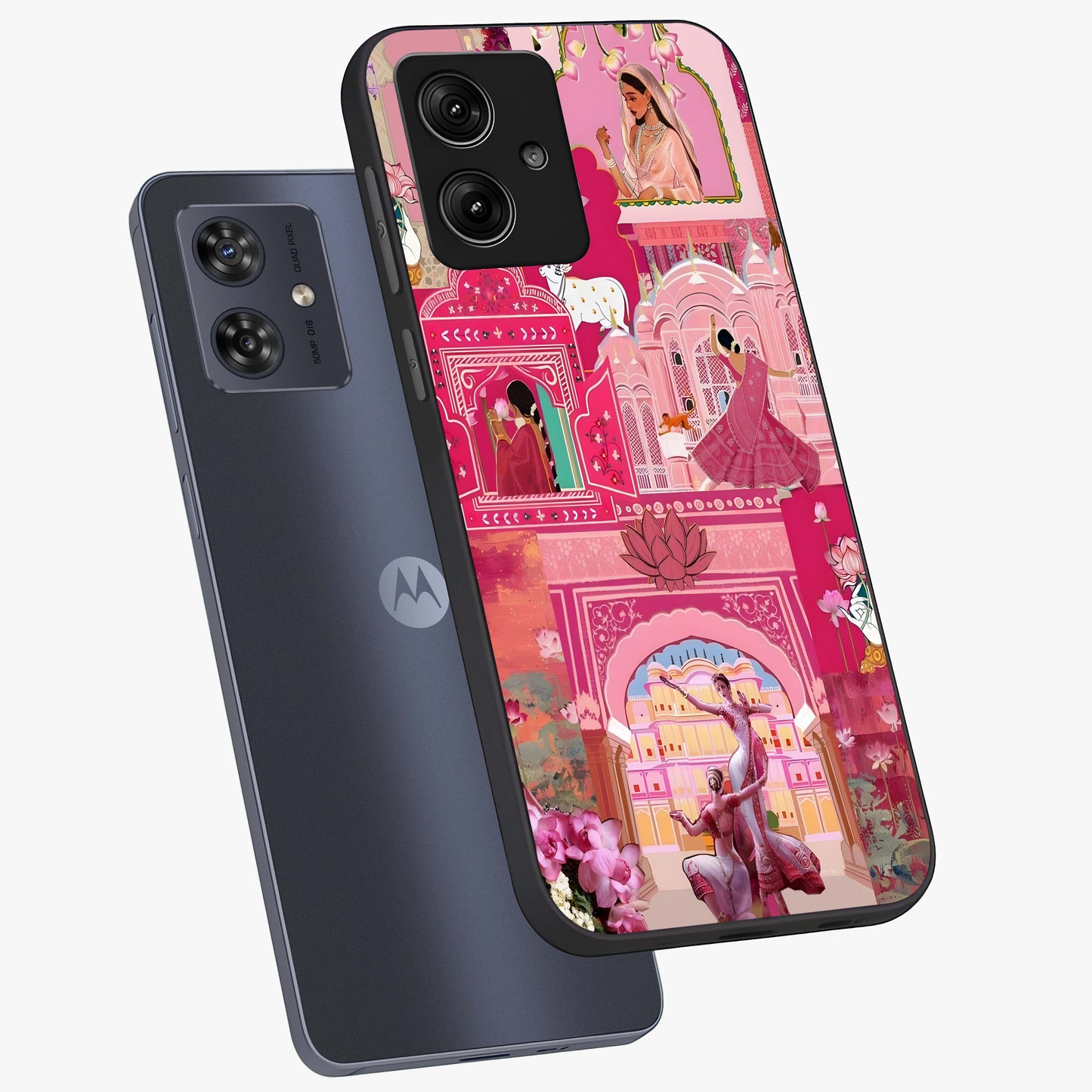 Pink Palace Muse Glass Case displayed in angled mockup highlighting dreamy palace illustration with soft pink aesthetic.