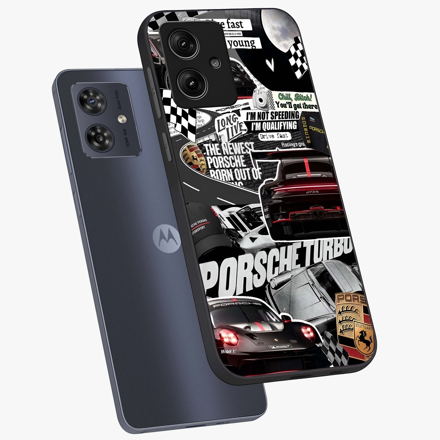 Porsche Racing Collage Glass Case displayed in angled mockup highlighting dynamic automotive design with bold racing aesthetic.