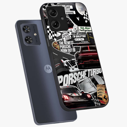Porsche Racing Collage Glass Case displayed in angled mockup highlighting dynamic automotive design with bold racing aesthetic.